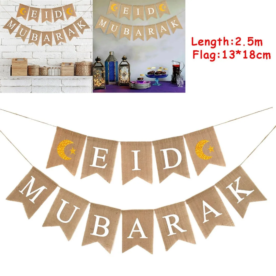 

Eid Mubarak Jute Hessian Burlap Banner Rustic Ramadan Bunting Party Decoration