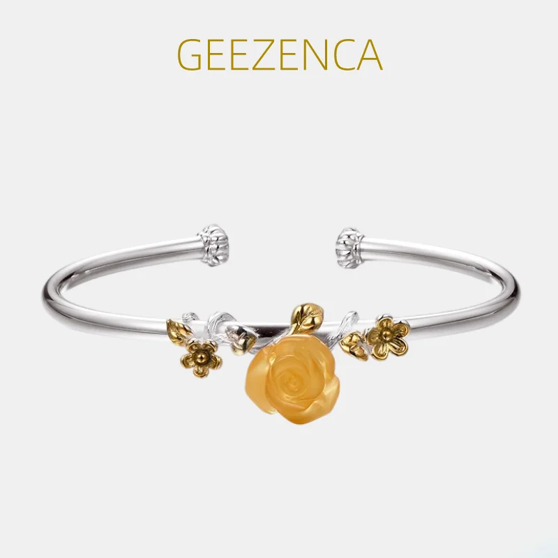 

GEEZENCA 925 Silver Amber Flower Open Bangles For Women Vintage Aesthetic Blossom Adjustable Bracelet Bangle Luxury Jewelry Gift