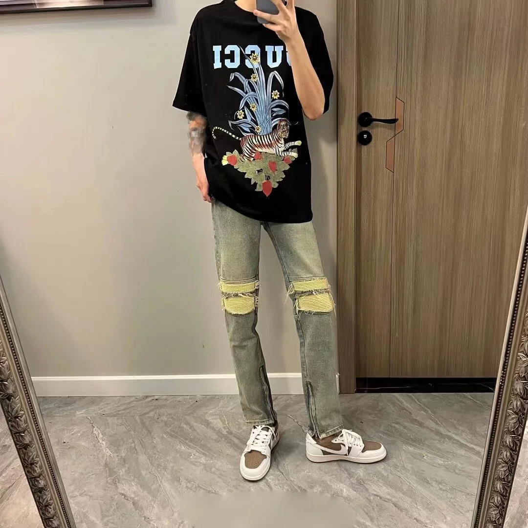 Men's Clothing Men Jeans High Street Ripped Retro Design Y2k Street Style Streetwear Korean Fashion Clothing Luxury Jeans Casual