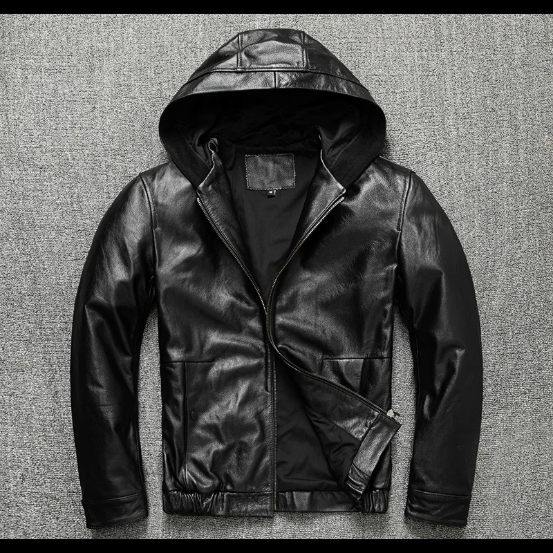 

genuine Free shipping.Dropship.sales men leather hoody.Plus size black cowhide coat.quality outdoor fashion leather jacket.