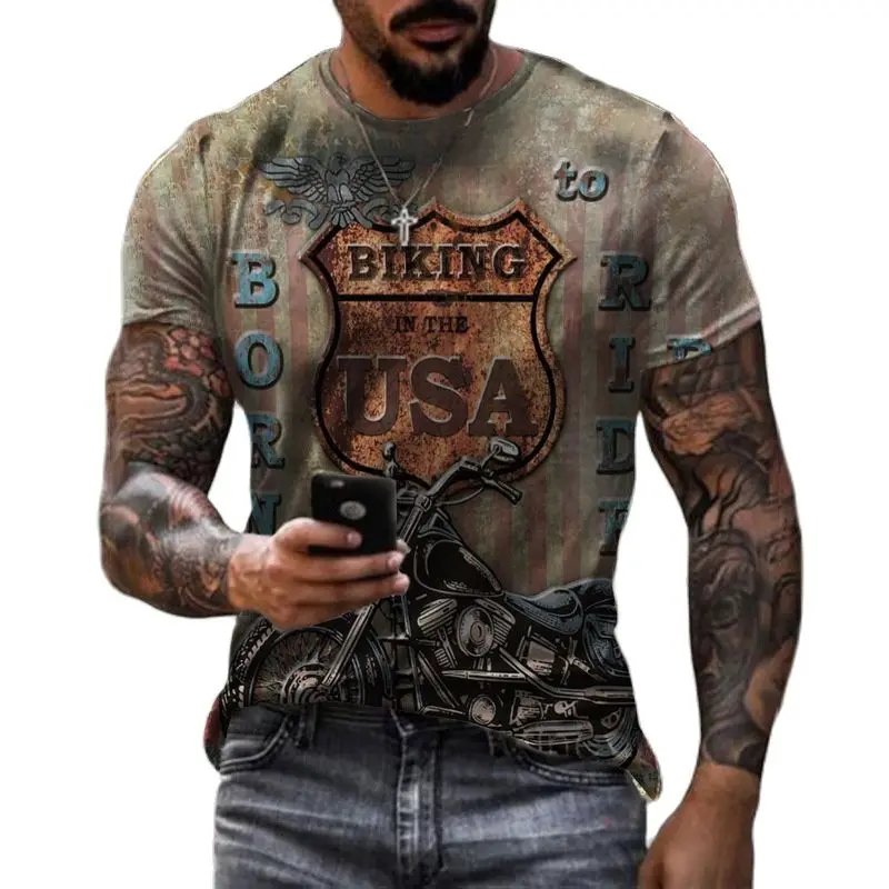 

Мужская винтажная мотоциклетная футболка, Классическая Байкерская футболка оверсайз с короткими рукавами и 3D-принтом, 2023