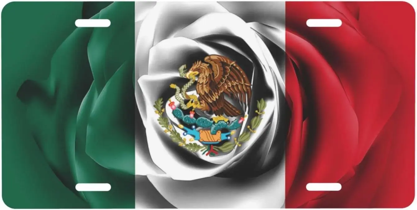 

Mexican Mexico Flag and Rose Print Front License Plate Metal Aluminum Novelty Decor Sign Thick and Durable Cars Universal 12x6In