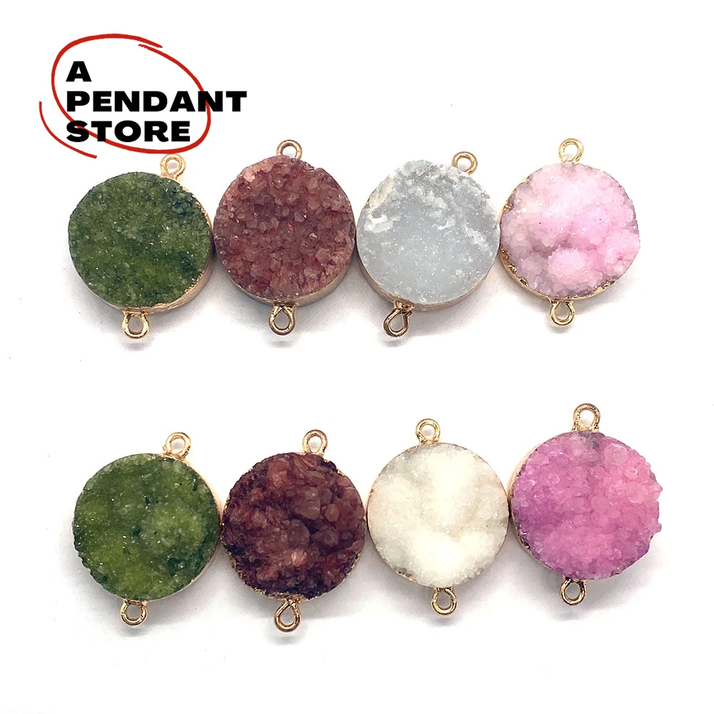 

Natural Stone Colorful Round Crystal Pendant Double Hole Connector for Making Fine Fashion Charm Jewelry DIY Necklace Earrings