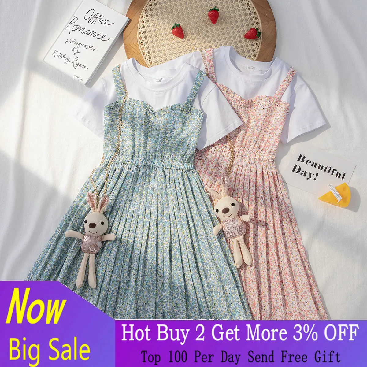 

Летнее платье для девочек, повседневные стильные платья для девочек + Детские платья с мультяшным Кроликом, костюмы для девочек-подростков, ...