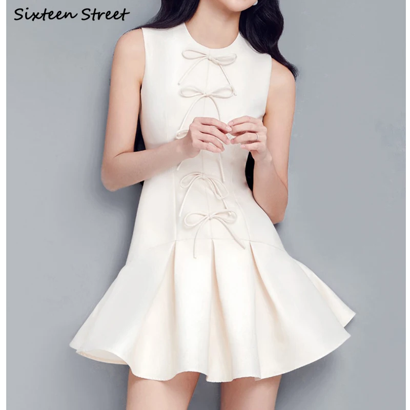 

2022 Summer Beige Sleeveless Dress Women Vintage Bow O Neck Mini Dress Vestidos Female High Waist Korea Clothing