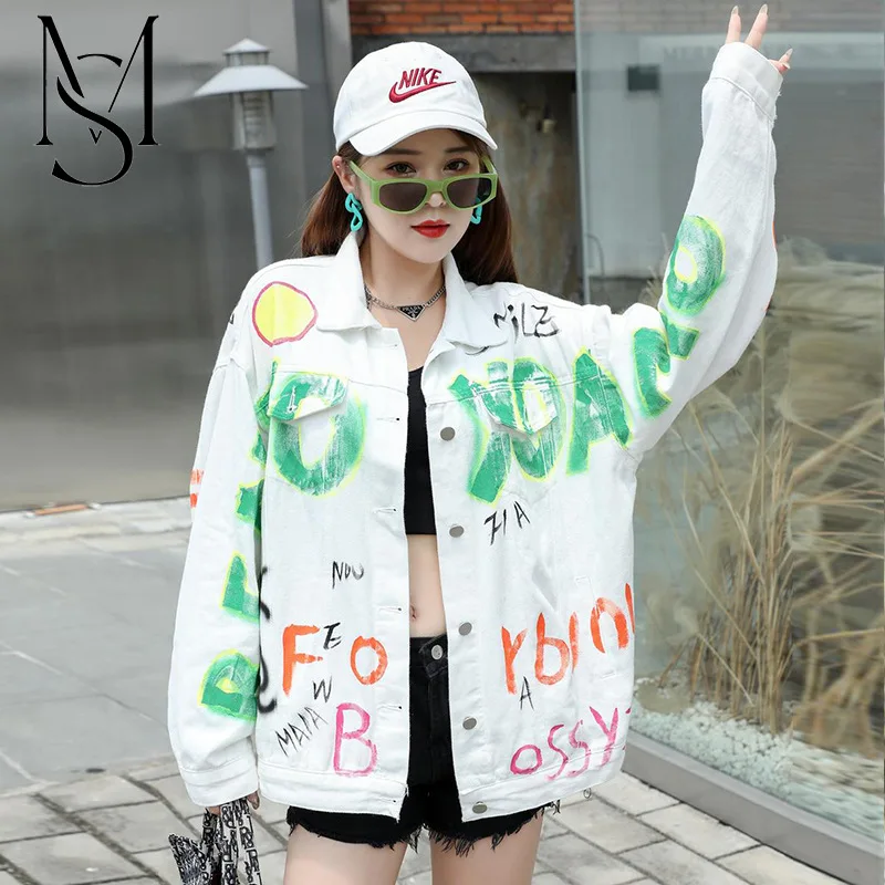 

Thailand Chaopai 2022 Autumn New Letter Contrast Color Stitching Graffiti Denim Coat Loose Versatile Cross border