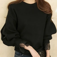 2021 spring women casual hoodie mesh patchwork chic black hoodie streetwear female fashion korean long sleeve thick sweatshirt