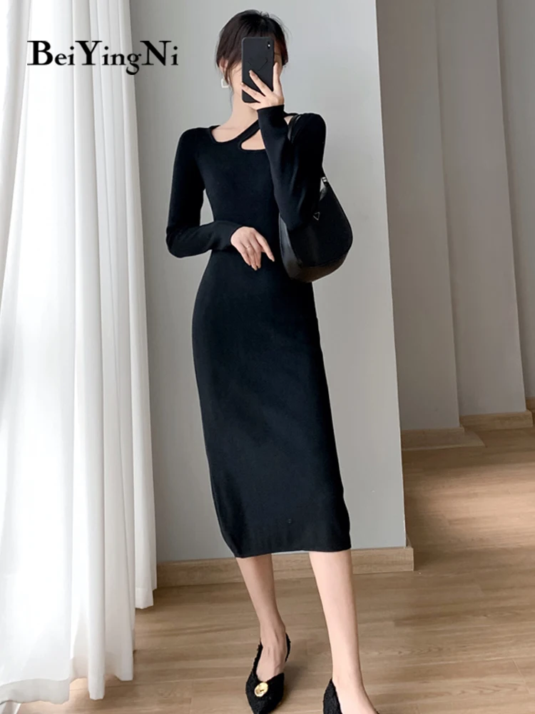 

Beiyingni Women's Bodycon Dresses 2022 Autumn Winter Korean Hollow Out Basic Knit Dress for Woman Long Sleeve Sweater Vestidos