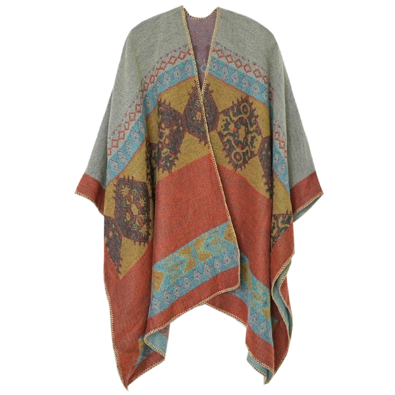 

Ethnic Style Shawl Autumn and Winter Travel Warm Tibet Yunnan Imitation Cashmere Cloak Oversized Cape Scarf Women's Retro