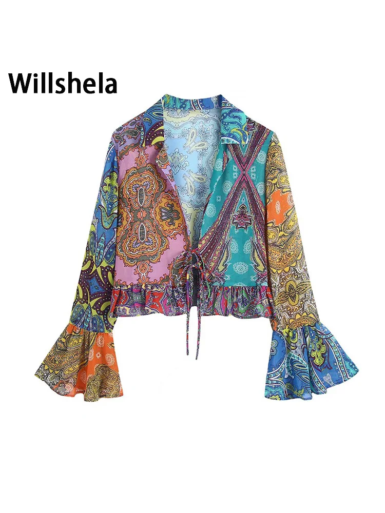 

Willshela Women Fashion Printed Lace Up Ruffled Cropped Blouse Vintage V-Neck Long Flare Sleeves Female Chic Lady Shirts