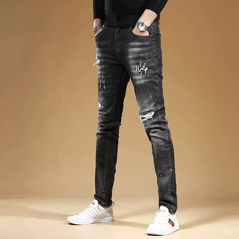 Autumn Men Black Ripped Patches Jeans Fashion Dots Printed Slim Fit Pencil Pants Streetwear Casual Scratched Denim Trousers