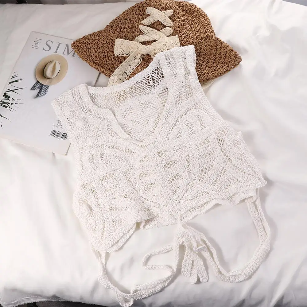 Летние майки с вышивкой пляжные Повседневные вязаные топы глубоким V-образным