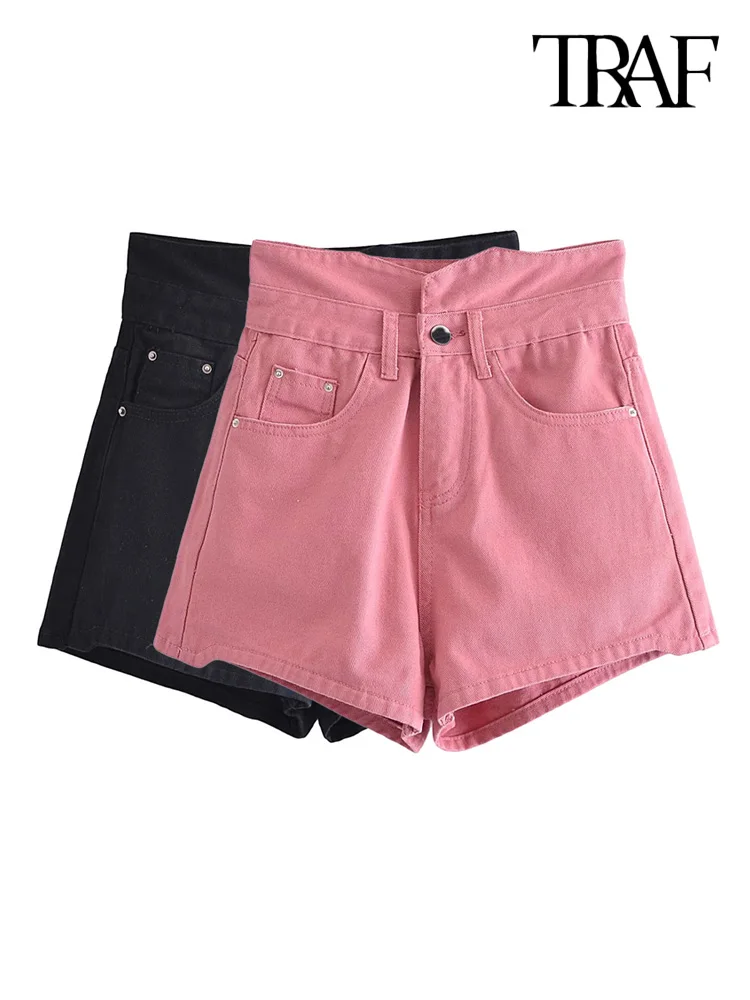 

TRAF Women Fashion With Pockets Denim Shorts Vintage High Waist Zipper Fly Female Short Pans Mujer