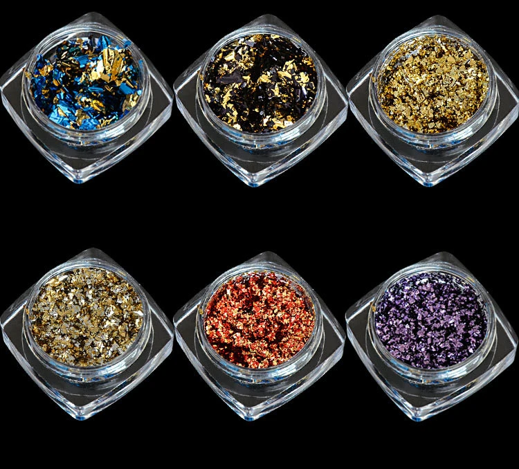 

6Jar Nail art Folie Paper Set DIY Nagel Folie Aufkleber Kleber Pulver Pailletten Chrom pigment Aluminium Flakes Spiegel Effect