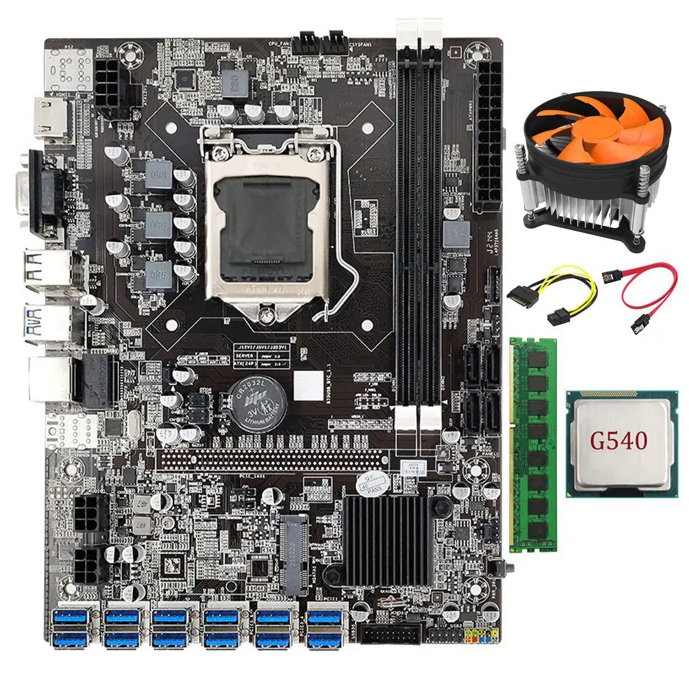

Материнская плата B75 ETH для майнинга с 12 PCIE на USB LGA1155 G540 ЦП + SATA кабель + DDR3 4 Гб 1333 МГц ОЗУ + вентилятор охлаждения B75 BTC Майнинг