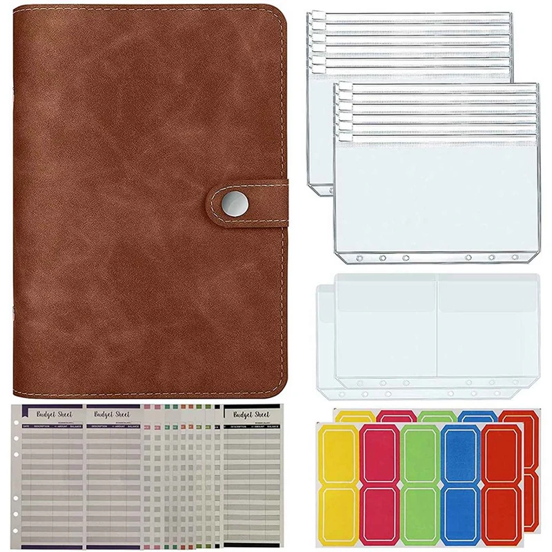 

58PCS A6 Budget Planner Organizer Budget Binder With Cash Envelopes,Money Saving Binder With Pouches Brown