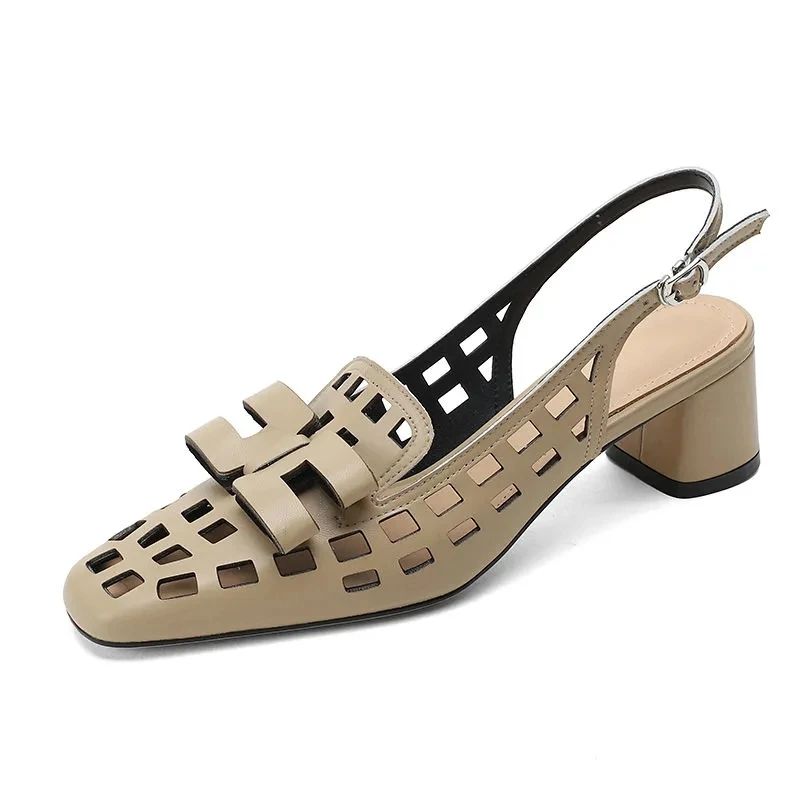 Black Square Head Hollow Women Sandals 2023 Fashion Buckle Strap Non-slip Shoes Vintage Comfor High Heels Roman Party Chaussure