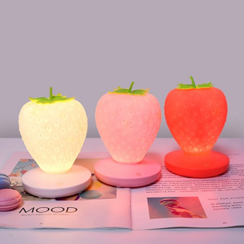 

HOT-Touch Dimmable LED Night Light Silicone Strawberry Nightlight USB Bedside Lamp For Baby Bedroom Decoration
