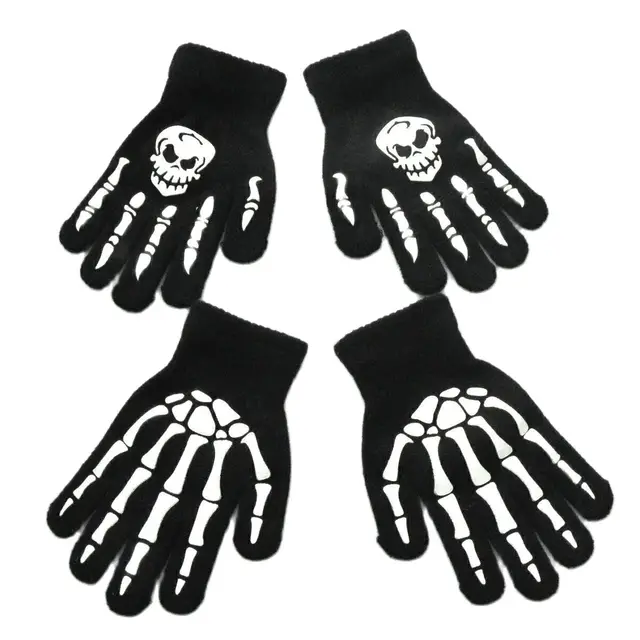 Knitting Gloves for Children 5-12 Years Old Light in the Dark Luminous Human Skeleton Head Ghostcrawler Print Fingers Gloves New 1