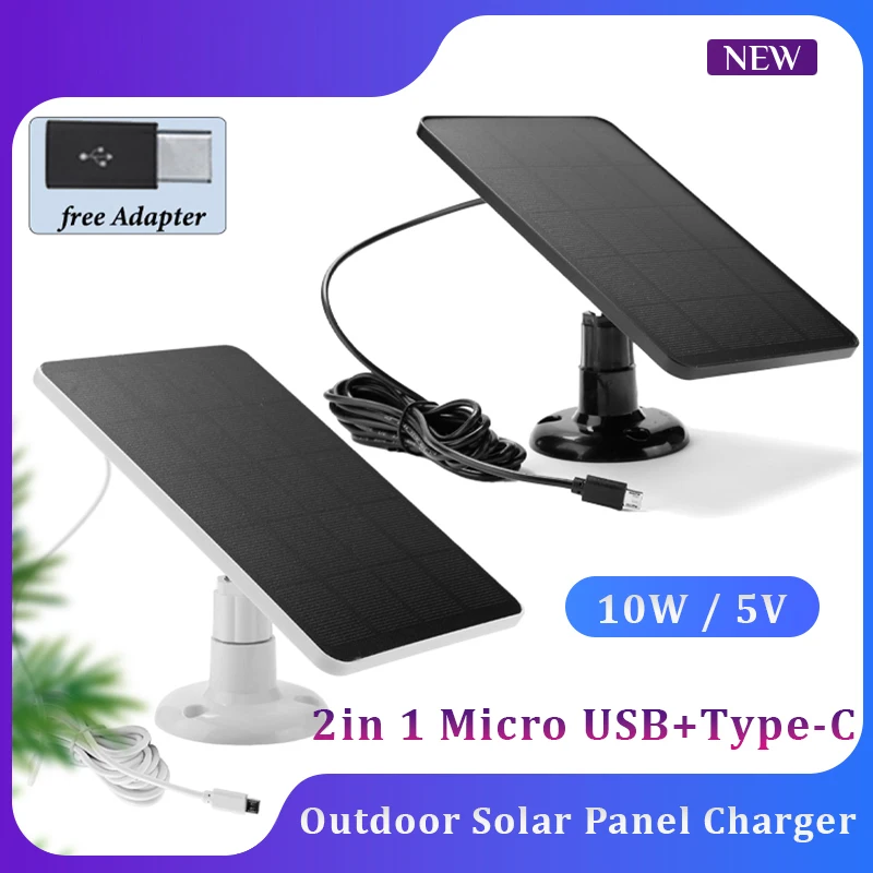 10W 5V Solar Panel Outdoor Solar Cells Charger Micro USB + Type-C 2 In 1 Adapter for Security Camera/Small Home Light System