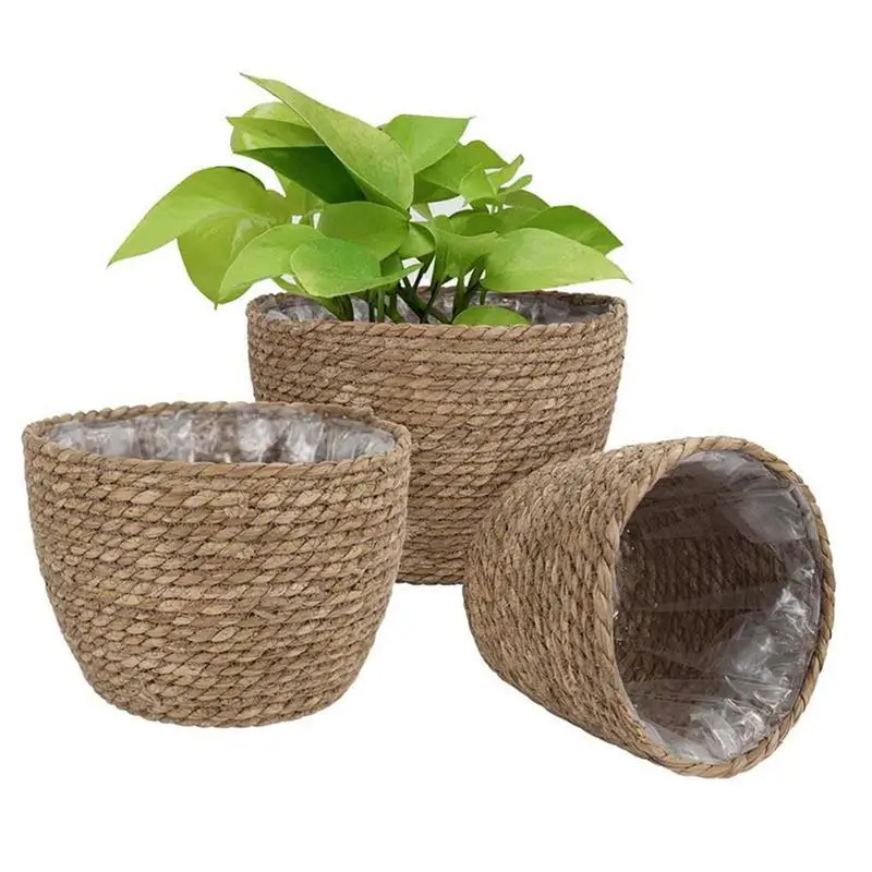 

3 PCS Handmade Woven Storage Basket Clothes Laundry Basket Straw Wicker Rattan Seagrass Garden Flower Pot Plant Basket