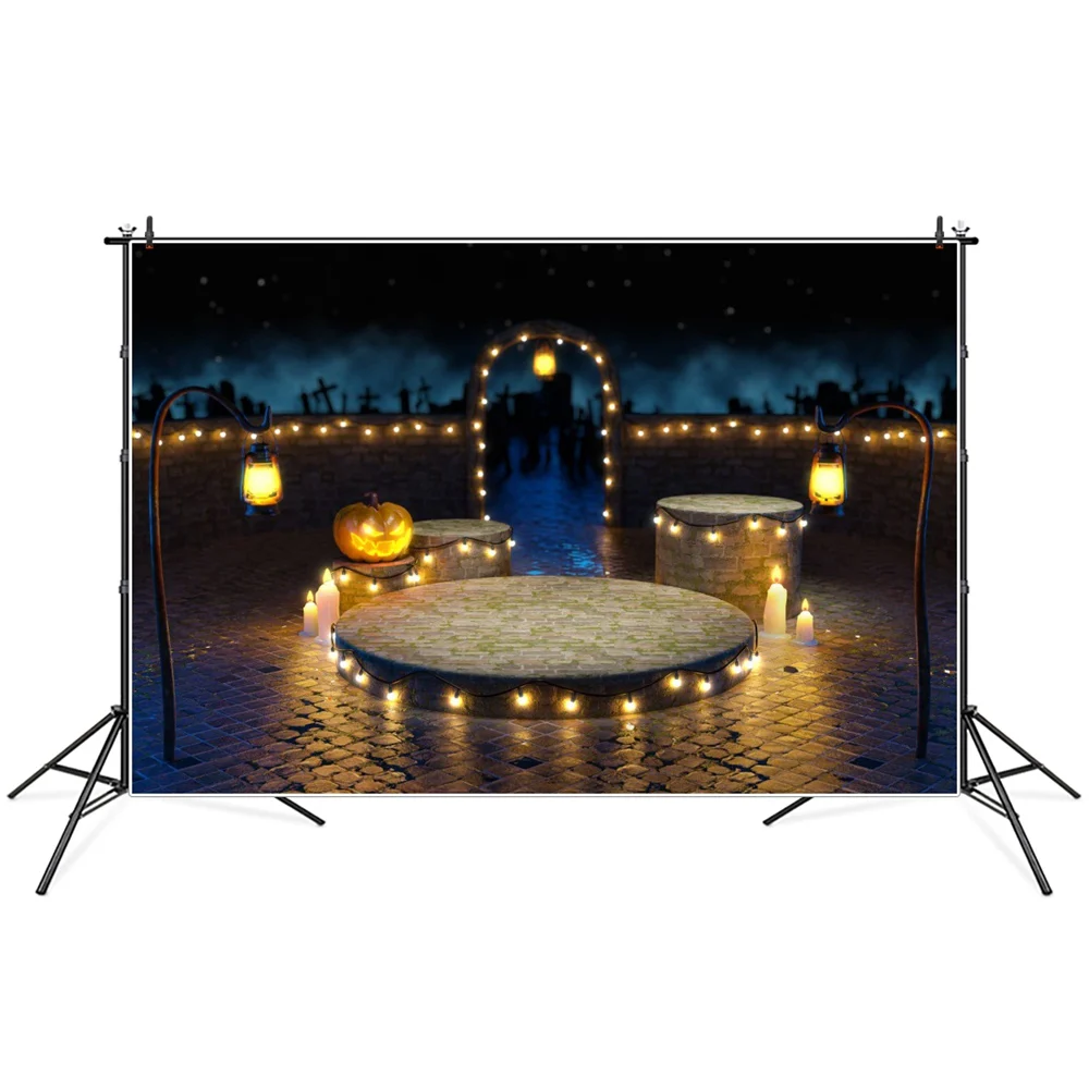 

Halloween Cemetery Brick Stage Photography Backgrounds Custom Lights Pumpkin Lantern Baby Party Home Decoration Photo Backdrops