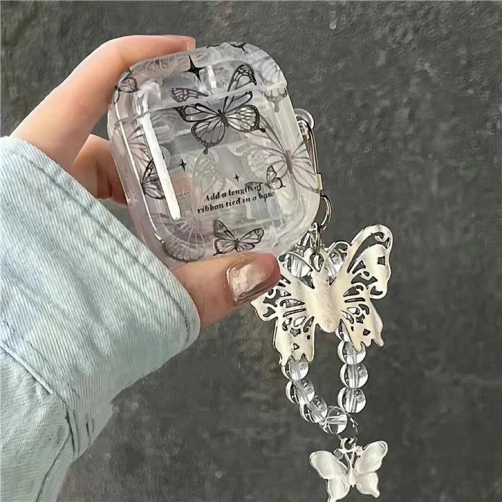 

Fundas For AirPods 3 Case Premium Feel Black Butterfly Clear Headphone Case With Hanging Chains Airpod 3rd TPU Earphone Cover