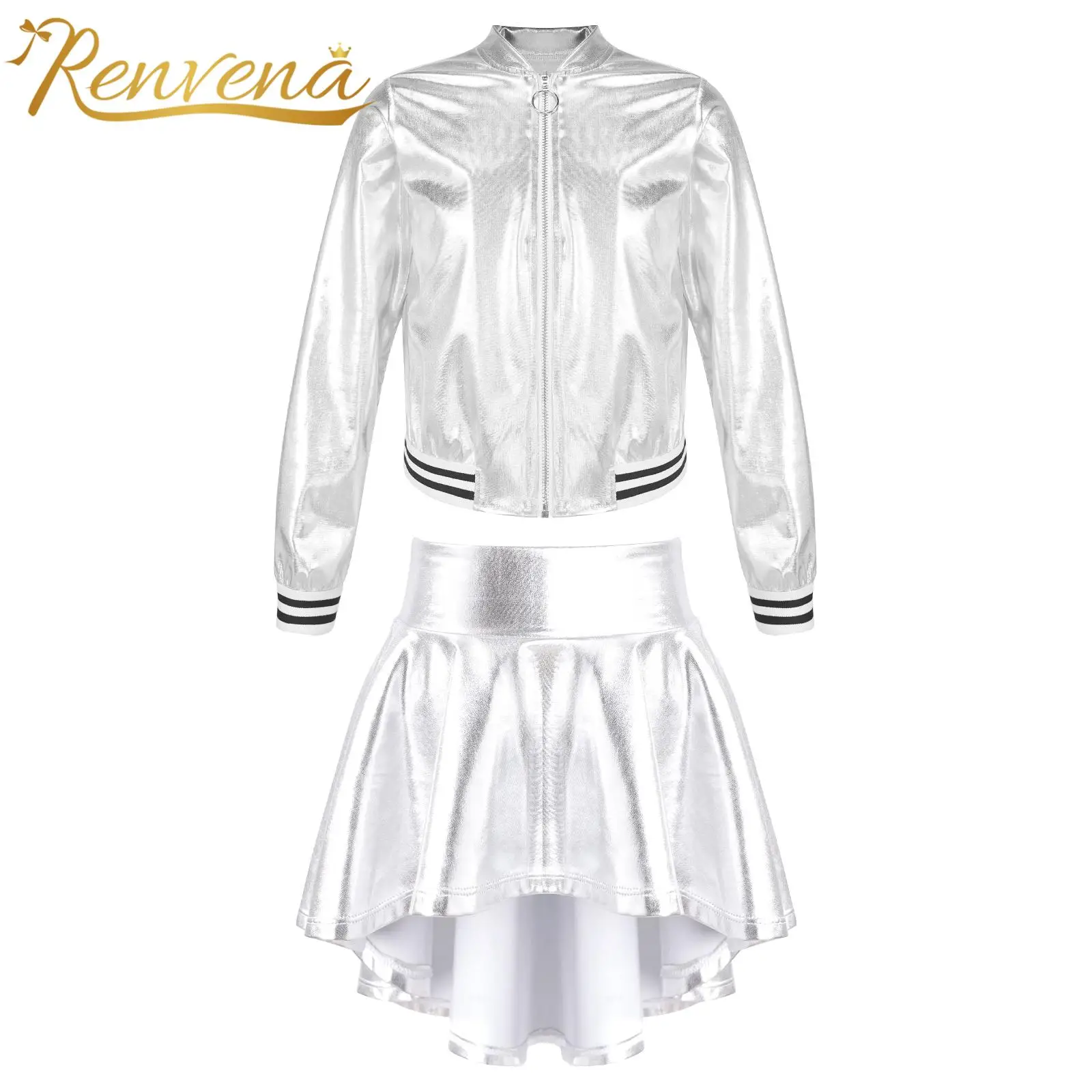

Kids Girls Long Sleeve Shiny Metallic Moto Jacket Clubwear Fashion Street Wear for Jazz Dancing Outfit Disco Party Costume