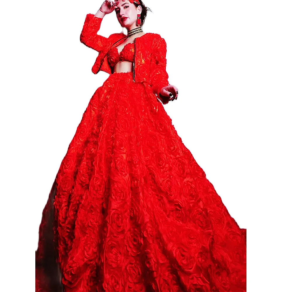 

Short Jacket Long Tailing Skirt Sleeveless Bra Inlaid Full Red Rose Women Three-Piece Dresses Set Party Formal Dance Costumes