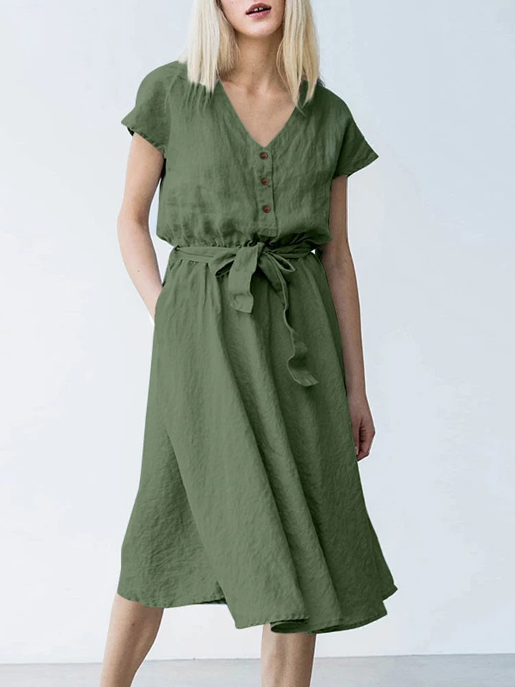 

2022 ZANZEA Fashion Women Summer Sundress Solid Short Dress Short Sleeve Knee Length Vestidos Female V Neck Button Robe Femme