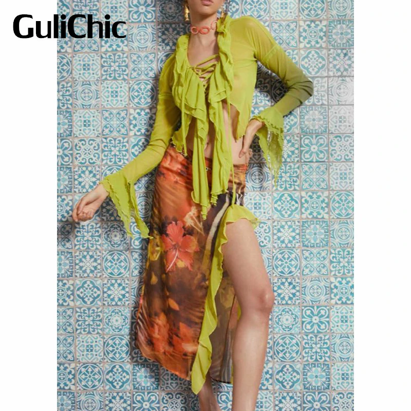 

7.17 GuliChic Women Holiday Vintage Ruffle Irregular Lace-Up Mesh Shirt Blouse Or Floral Print Split Skirt Set