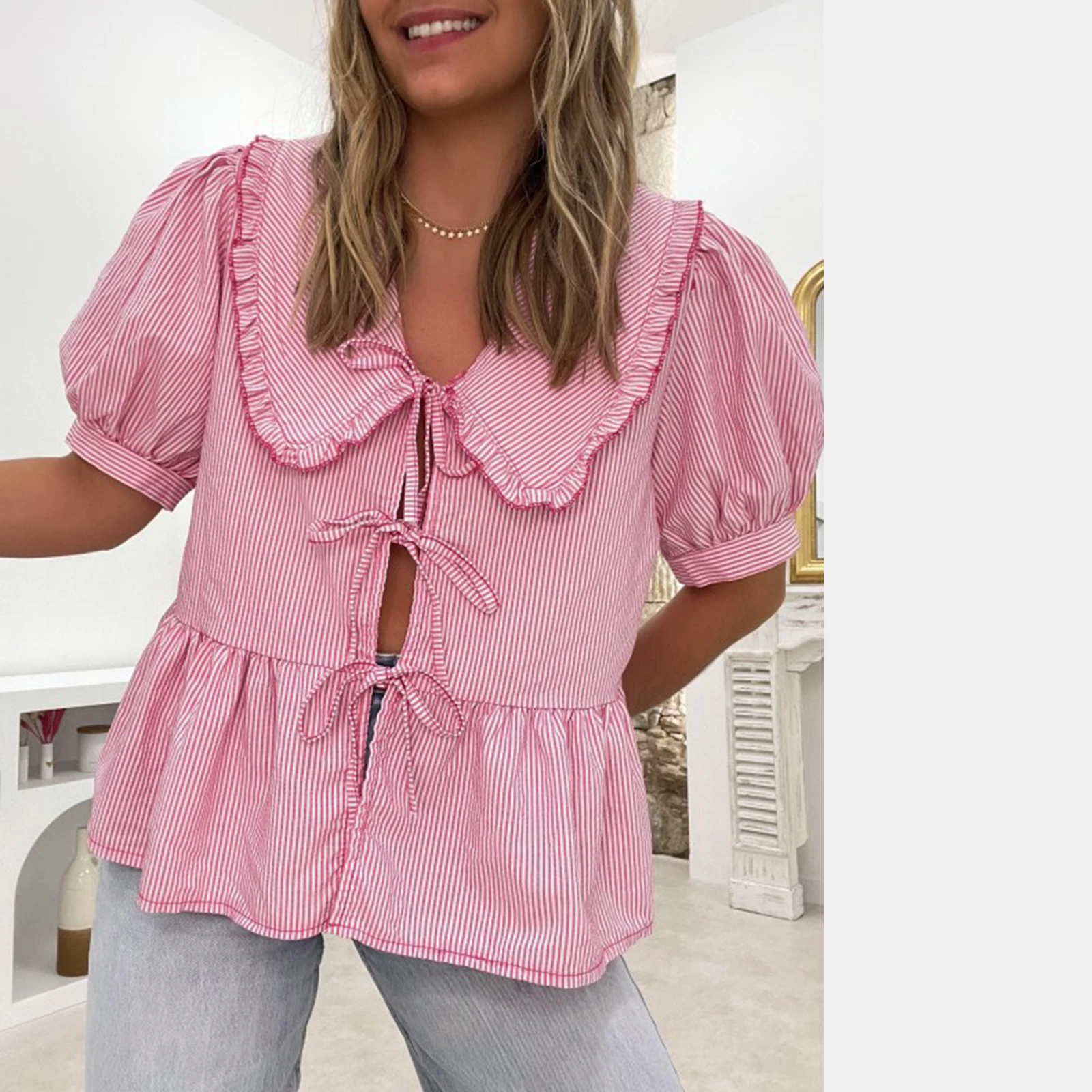 Женский топ в полоску с кукольным воротником свободная рубашка коротким рукавом