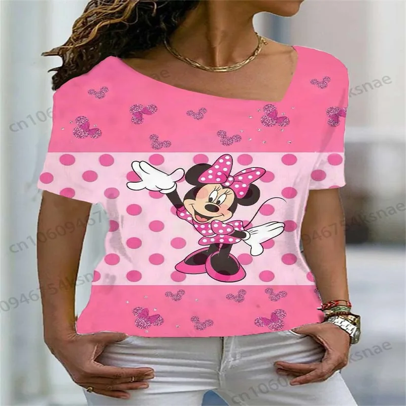 Minnie Mouse Tops Women T Shirt Summer Women's Clothing Offer Free Shipping Crop Top With Sleeves Disney Woman Clothes V Neck
