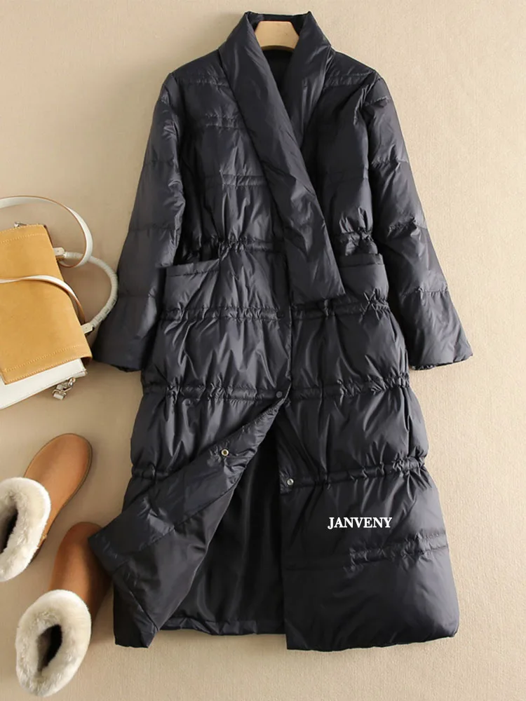 Janveny Winter Loose Scarf Collar Warmth Puffer Parka Jacket Women Casual Over The Knee Elastic Drawstring Lightweight Down Coat