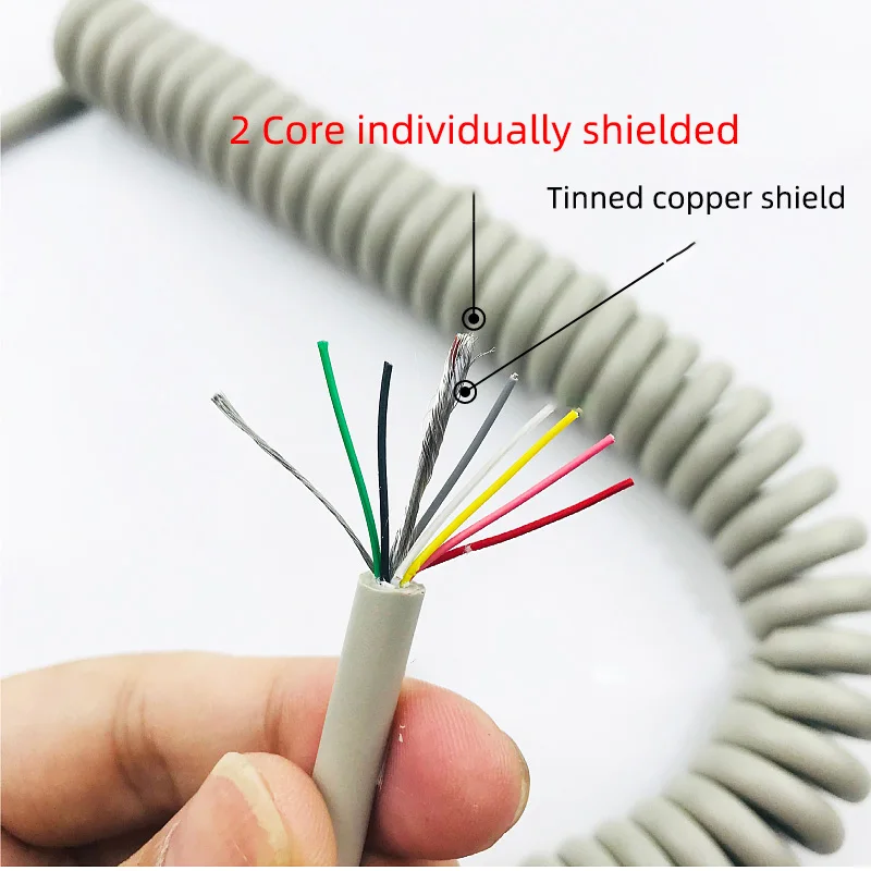 9-жильный 26AWG 0,15 мм2 серый пружинный спиральный кабель, телескопический провод, растягивающийся 2-жильный индивидуальный экран, растягиваемый провод, усадочный кабель