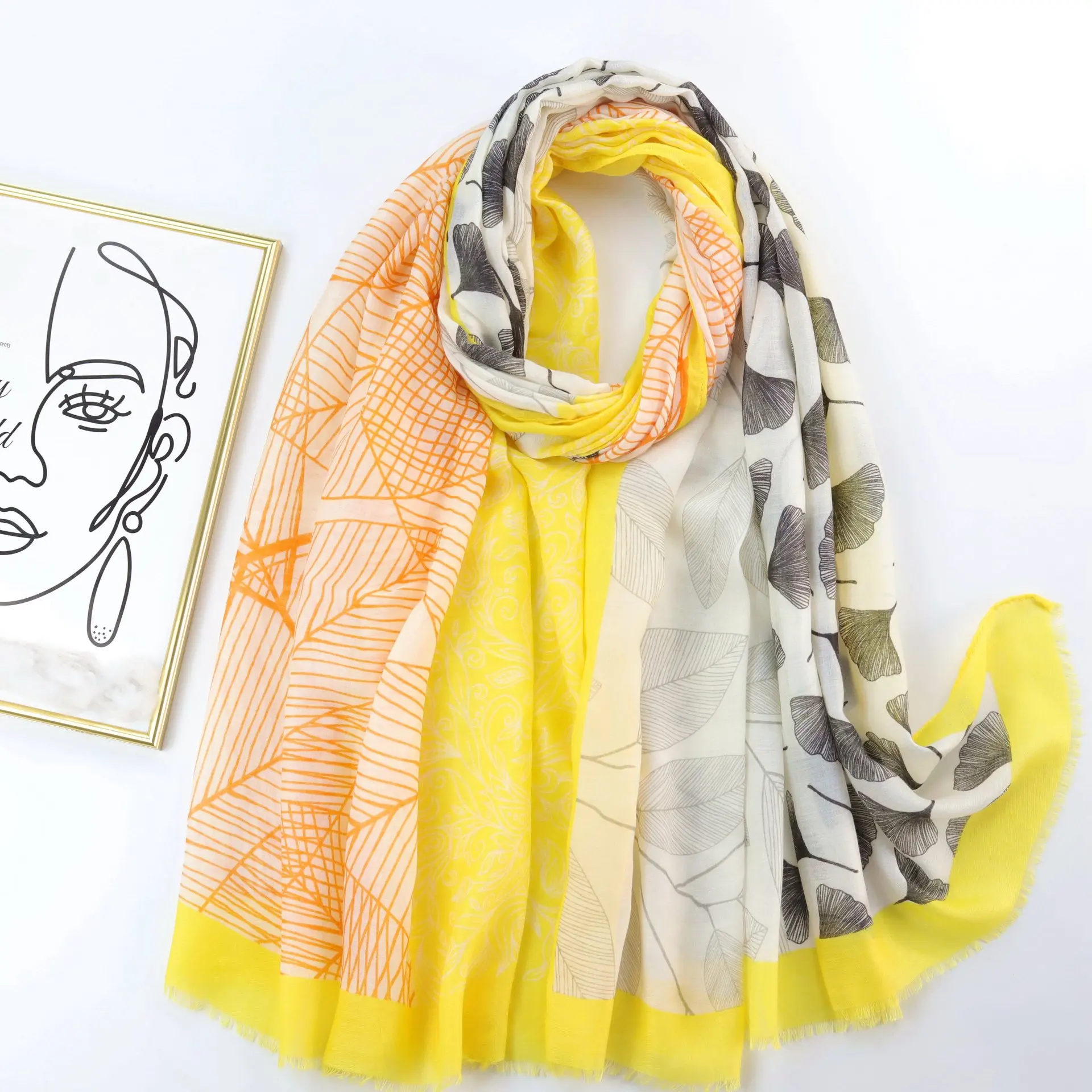 Новинка 2018 красивый шарф с бахромой и принтом листьев гинкго шали Женский