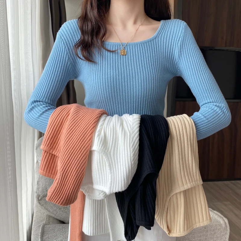 

New Fashion Pullover Jumper Knitted Sweater Women Autumn Winter Clothes Long Sleeve Square Collar Warm Sweaters Women 28665