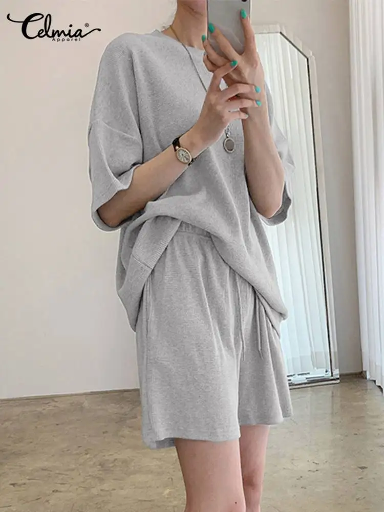 

Celmia комплект из двух предметов, повседневные свободные Женские однотонные наряды 2022, модная летняя блузка с рукавом до локтя и шорты с эласт...