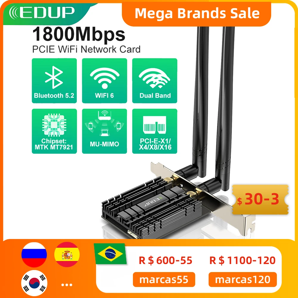 EDUP WiFi 6 1800Mbps PCI Express Blue-tooth 5.2 Adapter Dual Band 2.4G/5GHz 802.11AX/AC MTK Chipset PCIe Wireless Network Card