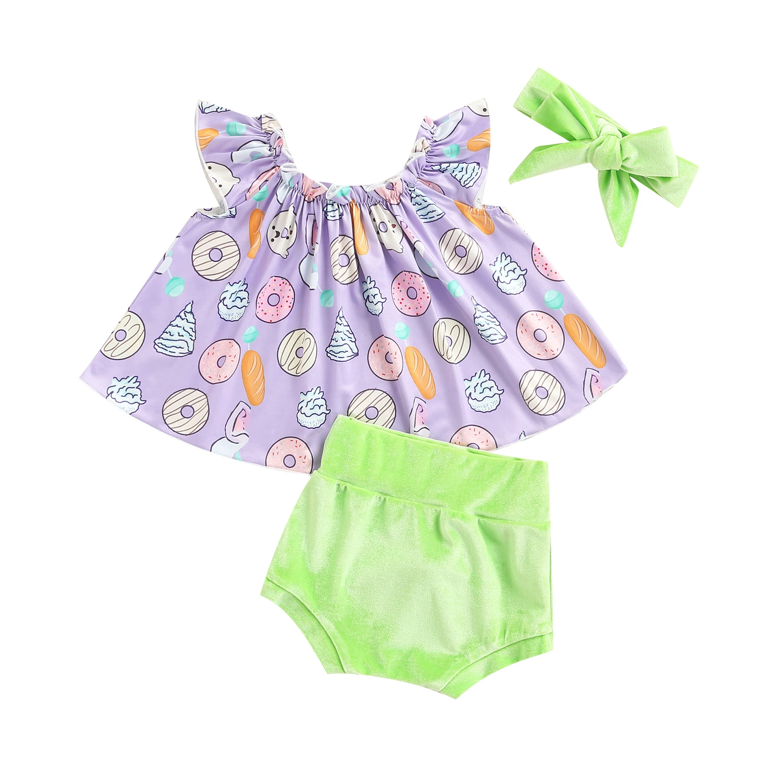 

Lioraitiin 0-24M Newborn Infant Baby Girls 3Pcs Easter Outfits Fly Sleeve Dessert Print Tops + Bunny Tail Shorts Headband Set