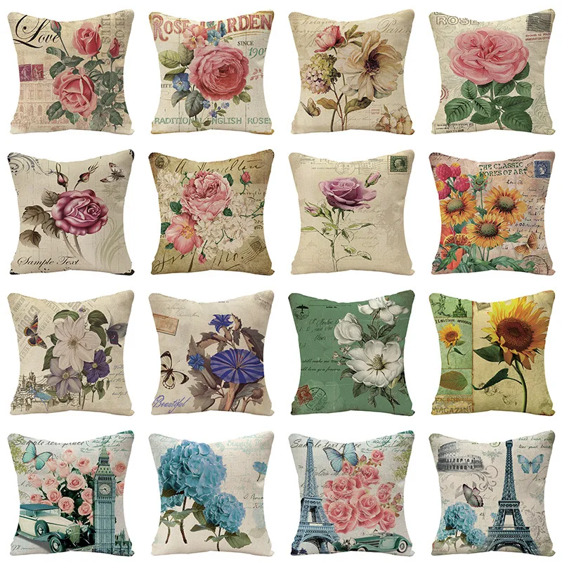 

Garden Rose Pillowcase Colorful Flower Linen Pillow Cover Living Room Bedroom Sofa Bed Chair Pillow Case 45x45 Square Soft