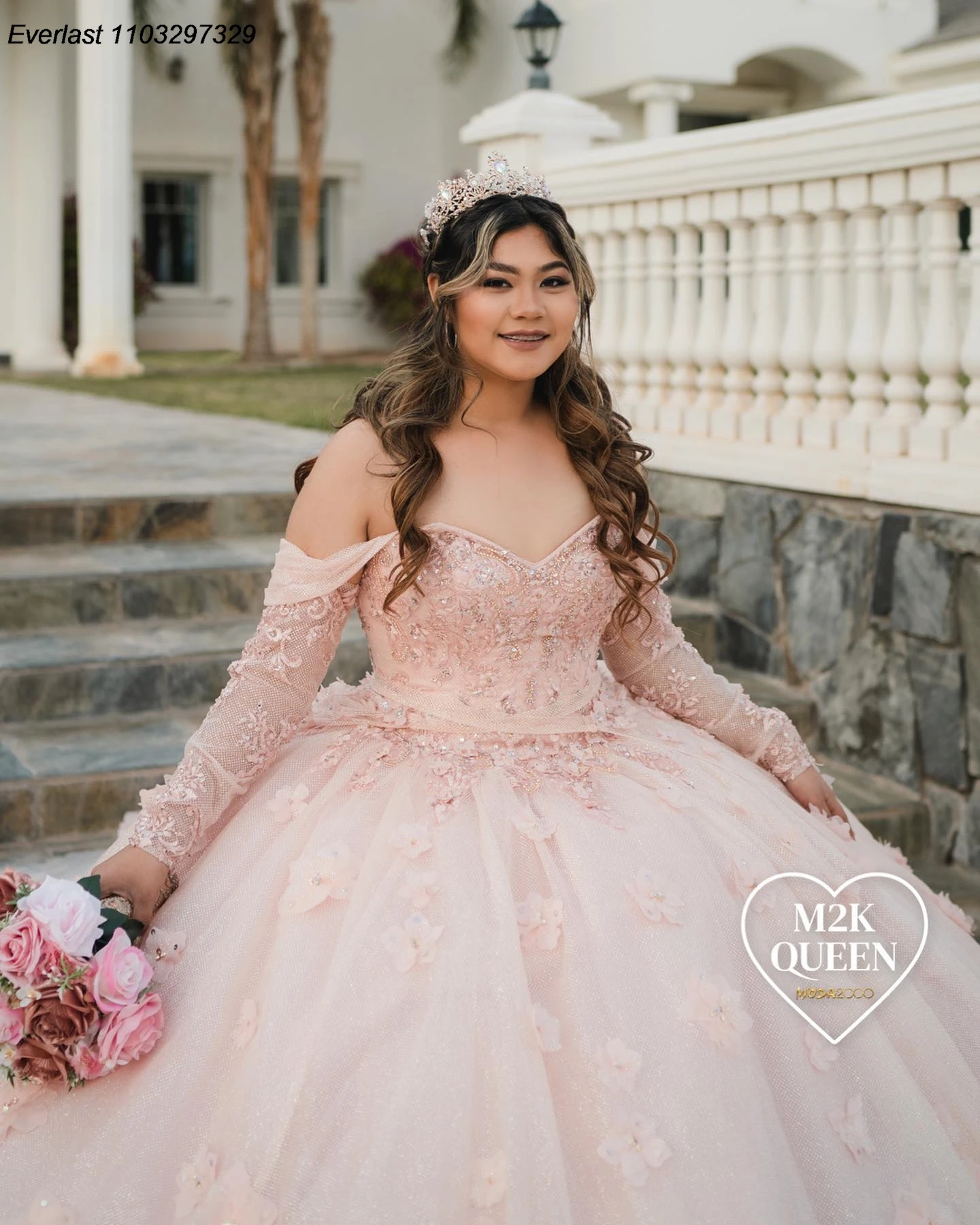 EVLAST мексиканское розовое платье Quinceanera бальное 3D Цветы аппликация бисер кристалл