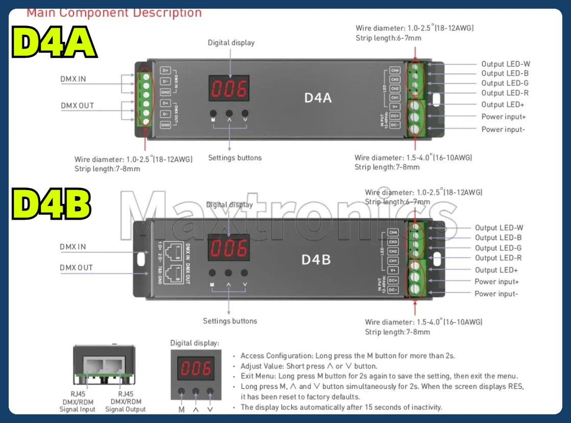 Фото LTECH DMX/RDM декодер DMX512 ведомый зеленый терминал/порт RJ45 4-канальный CV постоянное напряжение DC12-24V 6A/CH 24A (4CH) ЖК-дисплей №1
