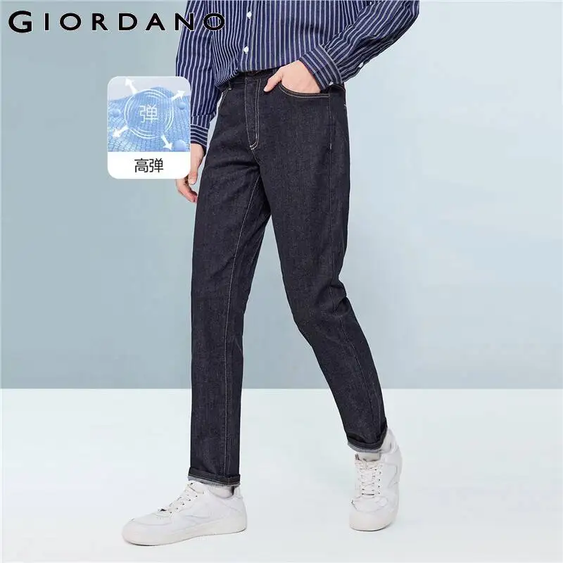 GIORDANO Men Denim Jeans Mid Rise Stretchy Quality Zipper Denim Pants Classic Five-Pocket Slim Comfy Casual Denim Pants 18112071