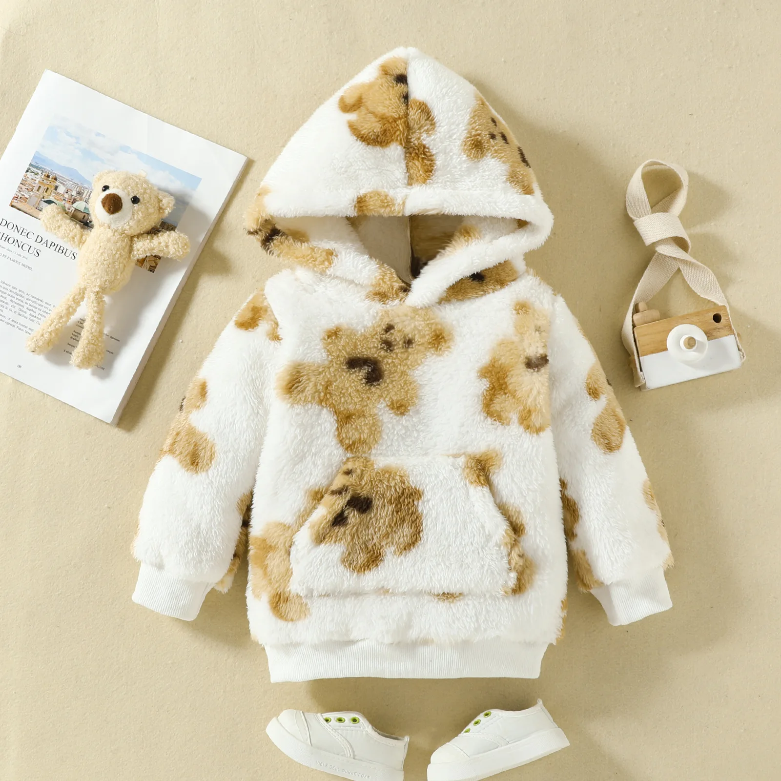 

Baby Plush Long Top Girls Hooded Long Sleeves Baby Pouch Print Sweatshirt