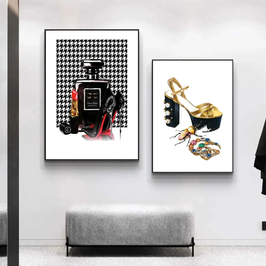 Модный логотип парфюм красные губы девушка сумка настенная Картина на холсте