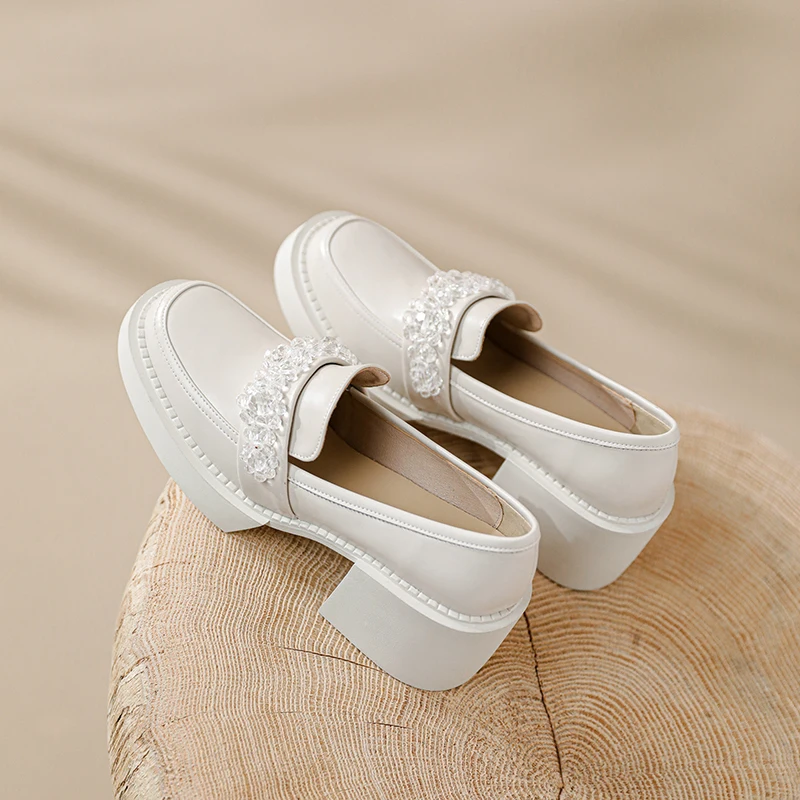 

NewCurve Loafers For Women Genuine Cow Leather Round Toe 6.5CM High Heel String Bead Slip on Ladies Casual Shoes Plus Size 9.5