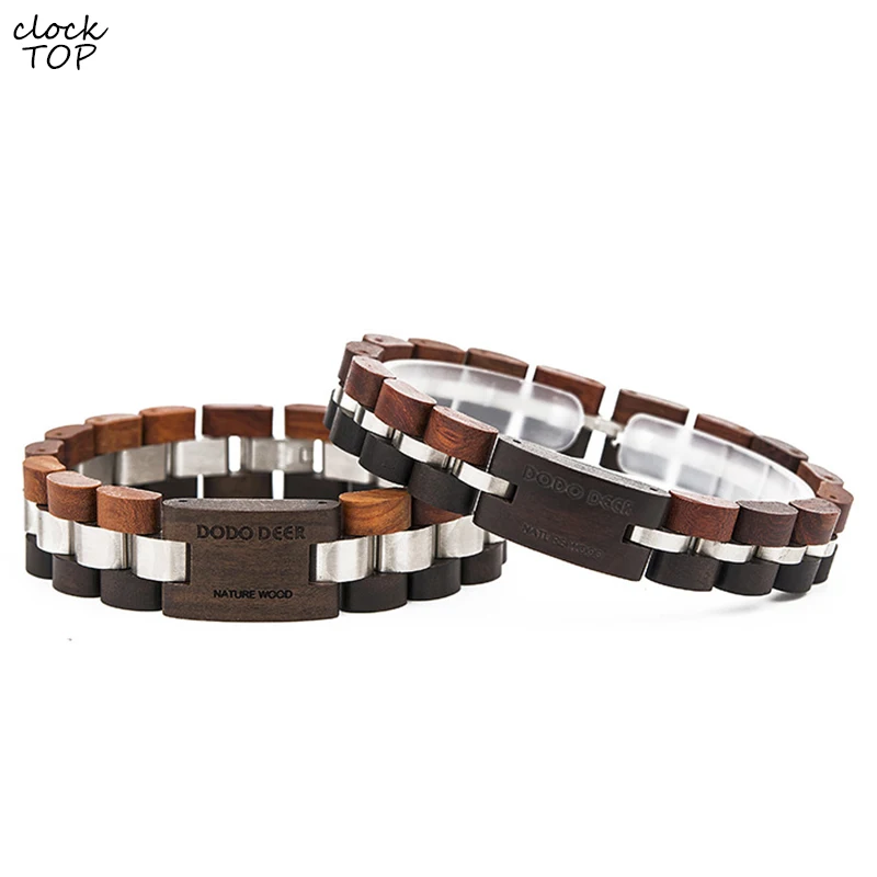 

Wooden Bracelet for Men Women Real Wooden Block Band with Metal Stainless Steel Links Bamboo Strap Male Female Ladies Man Bangle