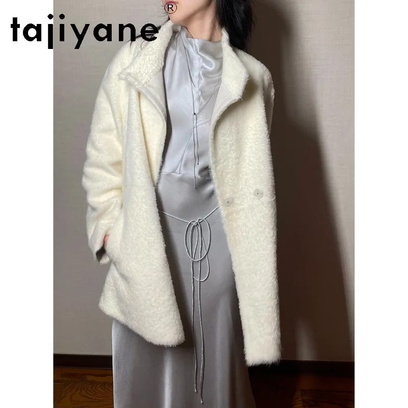 Фото TAJIYAN Rare Snow Peak White Baby Lagun Shearling Fur Coat Женское пальто свободного кроя Зимнее пальто Женская мягкая куртка из натурального меха Новинка №3