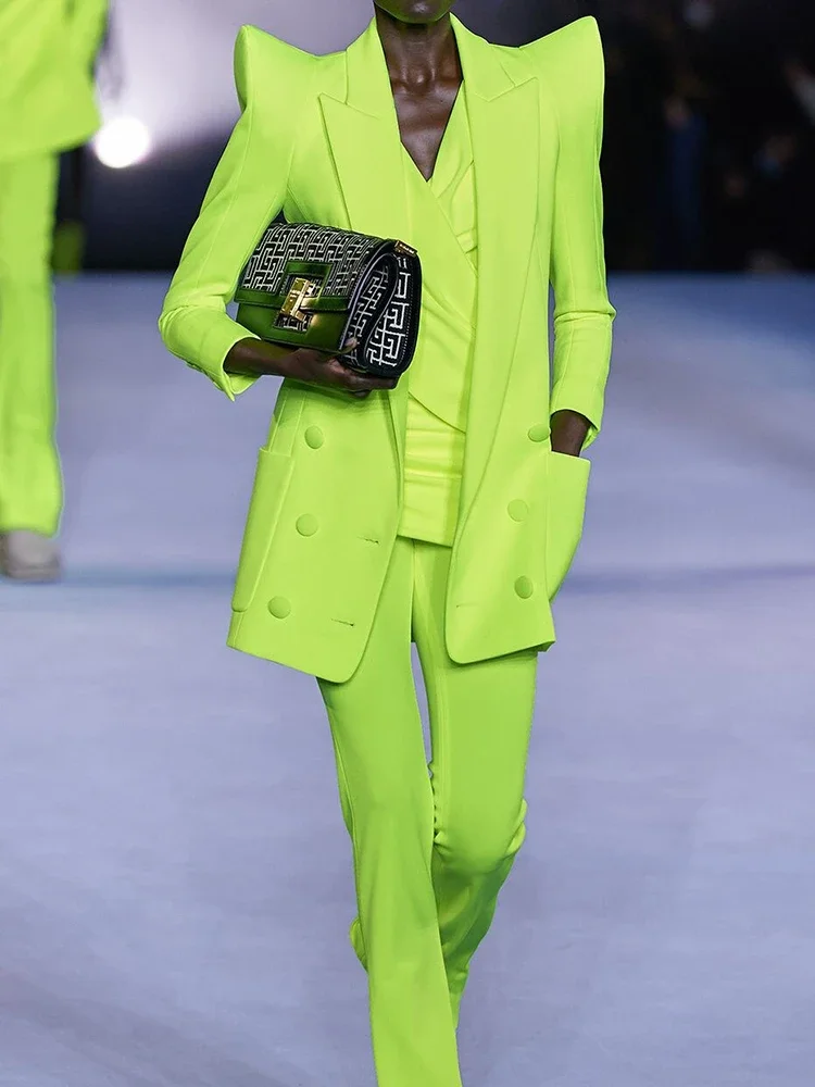 HIGH QUALITY Newest Fashion 2023 Designer Jacket Women Peak Strong Shoulder Double Breasted Long Blazer Fluorescein